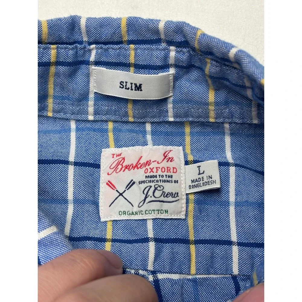 J. Crew Mens Slim Broken-In Oxford Blue Plaid Organic Cotton‎ Shirt Large L